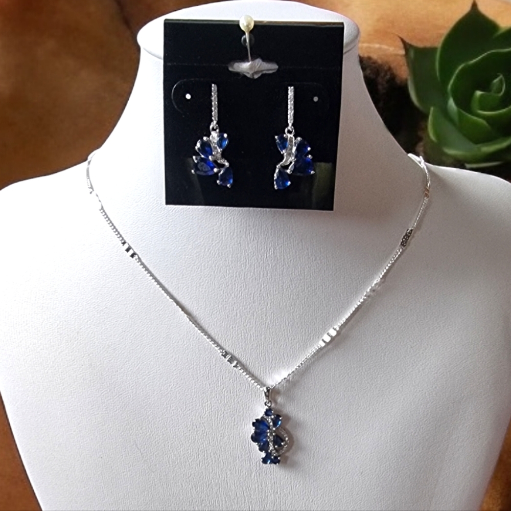 Blue Sapphire Lab and cz Sterling Silver Necklace, Pendant and Earring Set